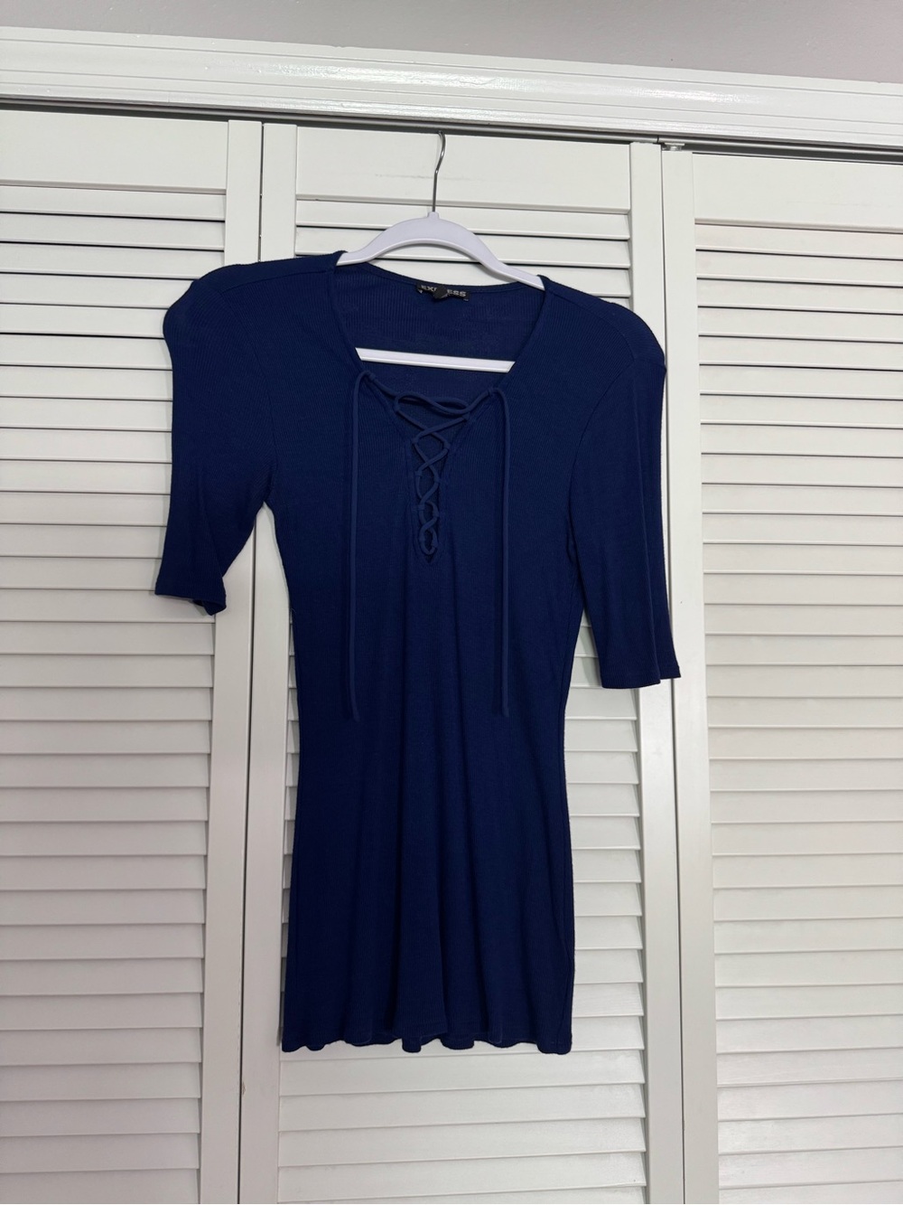 Express Lace-Up Neckline Knit Ribbed Top Royal Blue Sz S